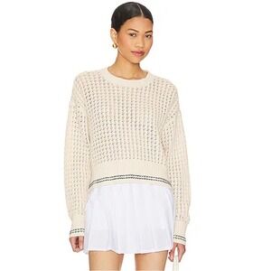 NWT Varley Azores Knit Striped Crewneck Birch Cream Striped Cropped Sweater Sz M